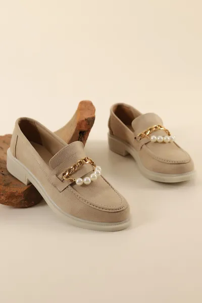 Bej Süet İnci Tokalı Kadın Loafer Ayakkabı 307598