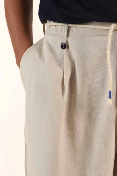 Bej Süper Baggy Keten Bel Lastikli Erkek Pantolon 380958