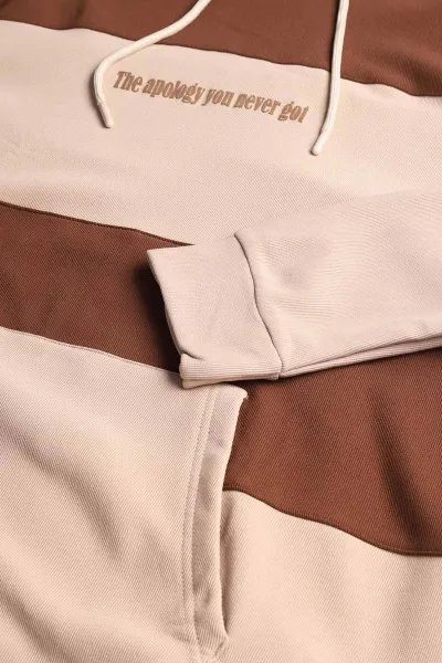 Bej Taba Cep Detaylı Yazılı Kapüşonlu Erkek Sweatshirt 396161