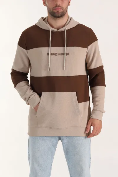 Bej Taba Cep Detaylı Yazılı Kapüşonlu Erkek Sweatshirt 396161