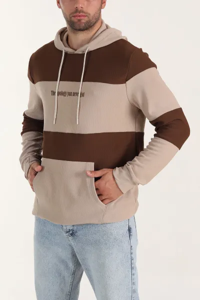 Bej Taba Cep Detaylı Yazılı Kapüşonlu Erkek Sweatshirt 396161