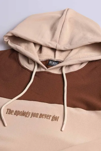 Bej Taba Cep Detaylı Yazılı Kapüşonlu Erkek Sweatshirt 396161