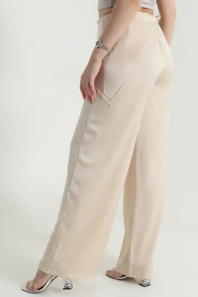 Bej Taşlı Saten Kadın Pantolon 469864