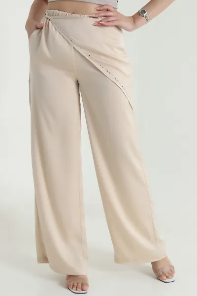 Bej Taşlı Saten Kadın Pantolon 469864