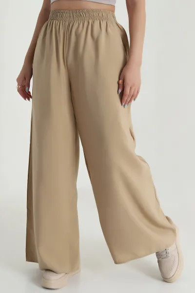 Bej Tencel Bel Lastikli Kadın Pantolon 481027