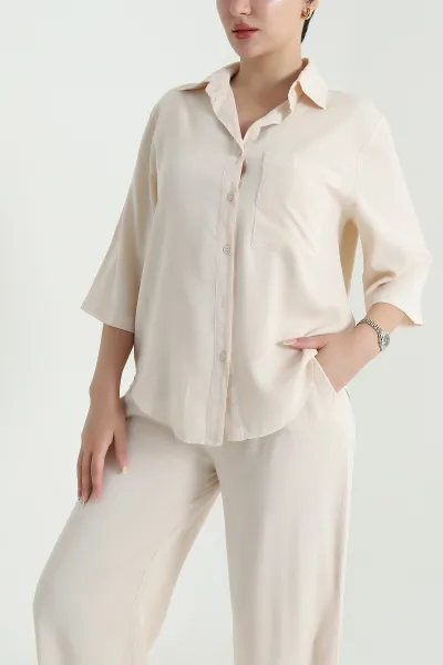 Bej Tencel Gömlek Pantolon Kadın İkili Takım 469725