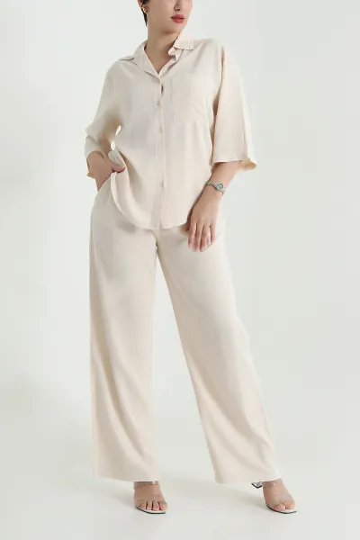 Bej Tencel Gömlek Pantolon Kadın İkili Takım 469725