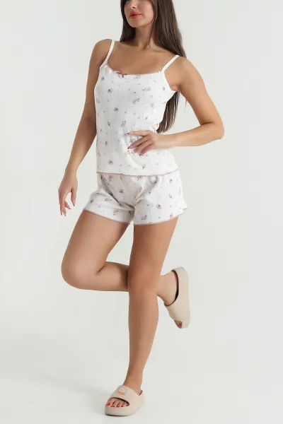 Bej Transferli Penye Şortlu Kadın Pijama Takımı 476874