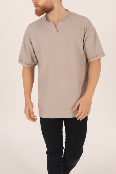 Bej Triko Dokulu Oversize Erkek Tişört 169612