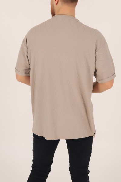 Bej Triko Dokulu Oversize Erkek Tişört 169612