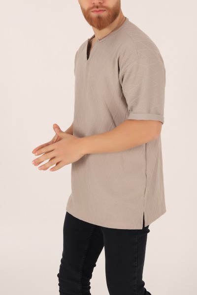 Bej Triko Dokulu Oversize Erkek Tişört 169612