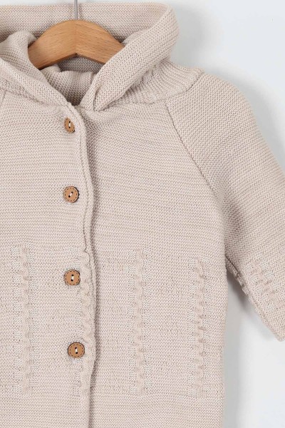 Bej Triko Kapüşonlu Düğme Detaylı Erkek Bebe Hırka 197352