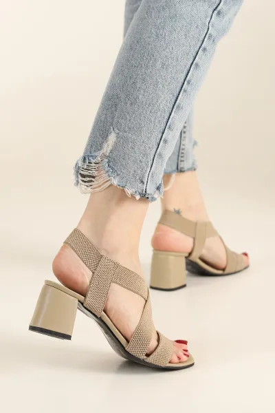 Bej Triko Lastikli Topuklu Sandalet 251801