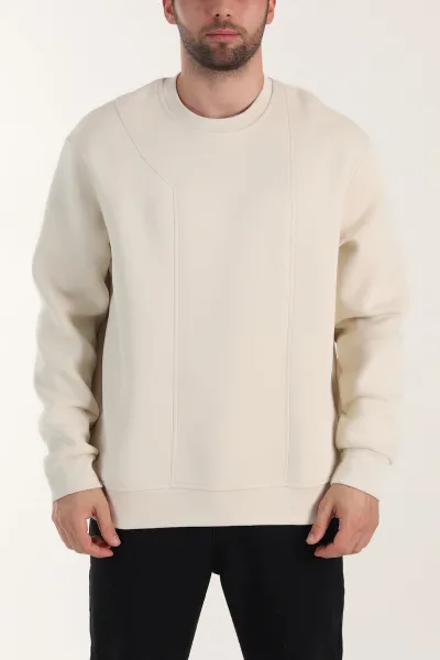 Bej Üç İp Şardonlu Bisiklet Yaka Erkek Sweatshirt 410905