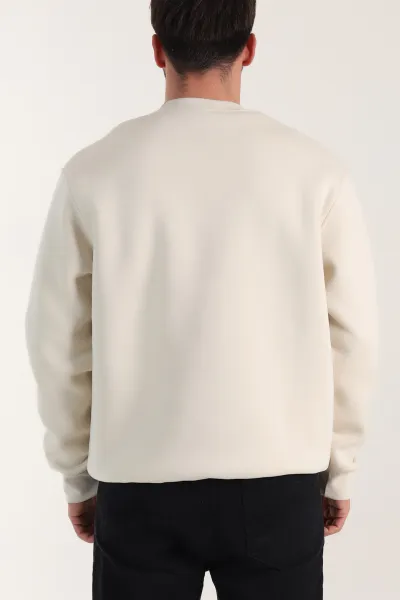 Bej Üç İp Şardonlu Bisiklet Yaka Erkek Sweatshirt 410905