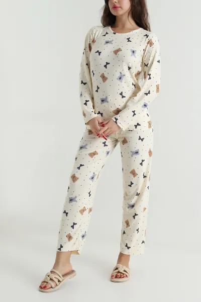 Bej Uzun Kollu Süet Kadın Pijama Takımı 499332