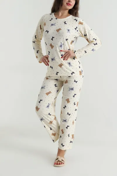 Bej Uzun Kollu Süet Kadın Pijama Takımı 499332