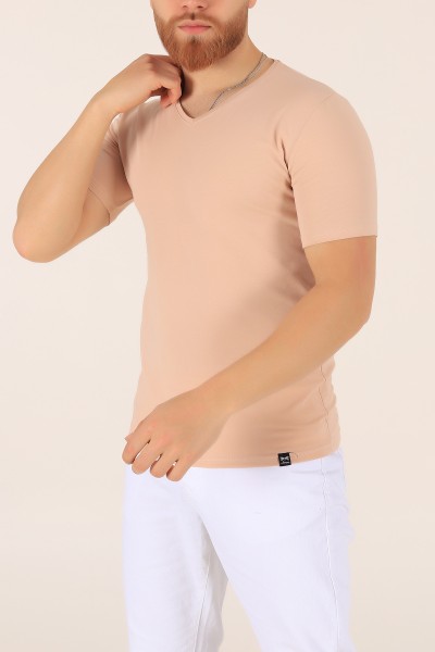 Bej V Yaka Basic Erkek Tişört 169567