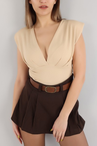 Bej Vatkalı Crop Bluz 167808