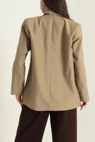 Bej Vatkalı Keten Blazer Kadın Ceket 435720