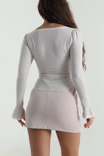 Bej Yakası Dantelli Sandy Kadın Bluz 496857