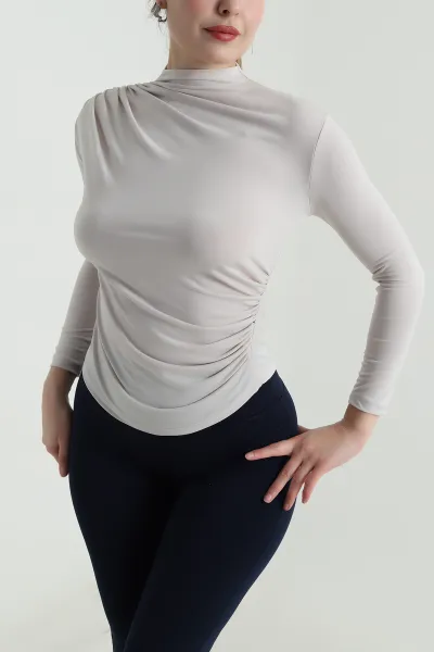 Bej Yanı Büzgülü Sandy Kadın Bluz 496855
