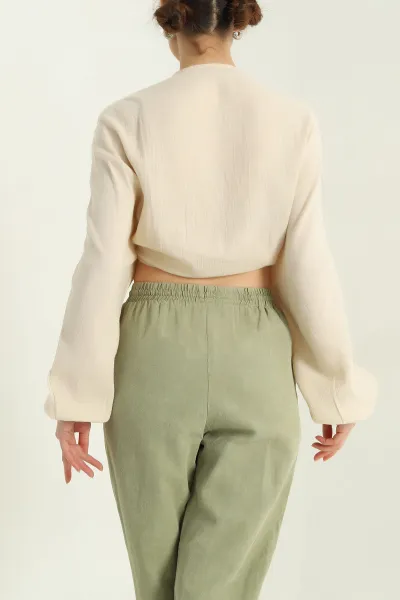 Bej Yarasa Kol Önü Bağlamalı Keten Bluz 337038