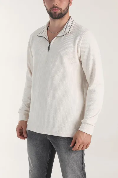 Bej Yarım Fermuarlı Dokulu Dik Yaka Erkek Sweatshirt 406934