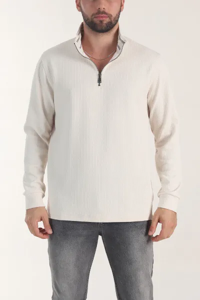 bej-yarim-fermuarli-dokulu-dik-yaka-erkek-sweatshirt-406934
