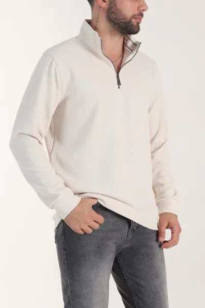Bej Yarım Fermuarlı Dokulu Dik Yaka Erkek Sweatshirt 406934