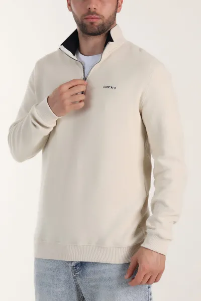 Bej Yarım Fermuarlı Polo Yaka Erkek Sweatshirt 410877