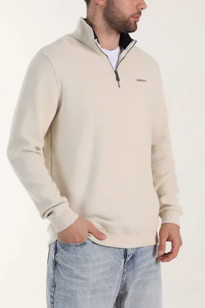 Bej Yarım Fermuarlı Polo Yaka Erkek Sweatshirt 410877