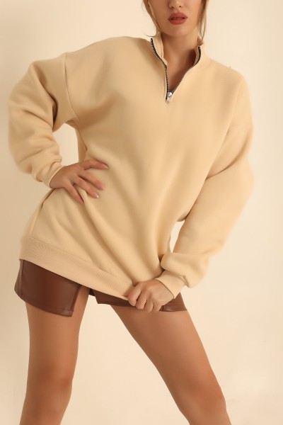 Bej Yarım Fermuarlı Şardonlu Bayan Sweat 219658