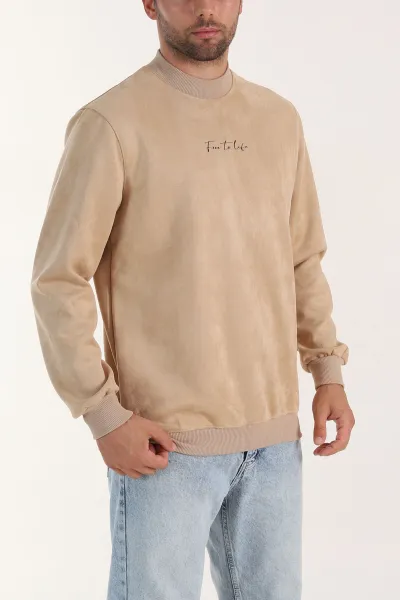 Bej Yazı Detaylı Bisiklet Yaka Erkek Sweatshirt 396975