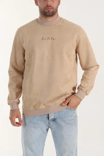 Bej Yazı Detaylı Bisiklet Yaka Erkek Sweatshirt 396975