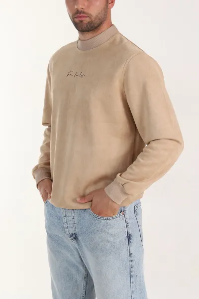 Bej Yazı Detaylı Bisiklet Yaka Erkek Sweatshirt 396975