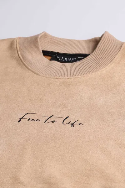 Bej Yazı Detaylı Bisiklet Yaka Erkek Sweatshirt 396975