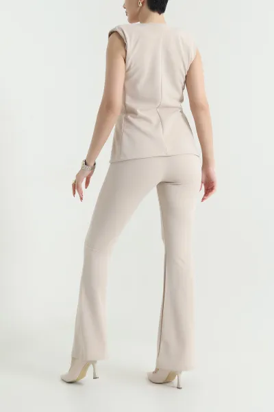 Bej Yelek Pantolon Crep Kadın İkili Takım 441109