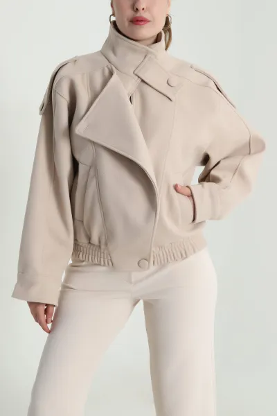 Bej Yeni Sezon Biker Kaşe Kadın Mont 484491