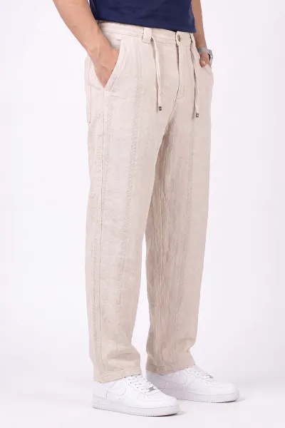 Bej Yeni Sezon Keten Baggy Belden Bağlamalı Erkek Pantolon 471912