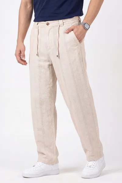 Bej Yeni Sezon Keten Baggy Belden Bağlamalı Erkek Pantolon 471912