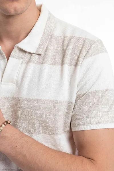 Bej Yeni Sezon Polo Yaka Çizgi Detaylı Erkek Tişört 471978