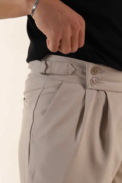Bej Yüksek Bel Kemer Detaylı Duble Paça Erkek Kumaş Pantolon 391426