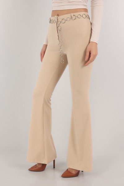 Bej Zincir Kemerli Bayan Pantolon 152509