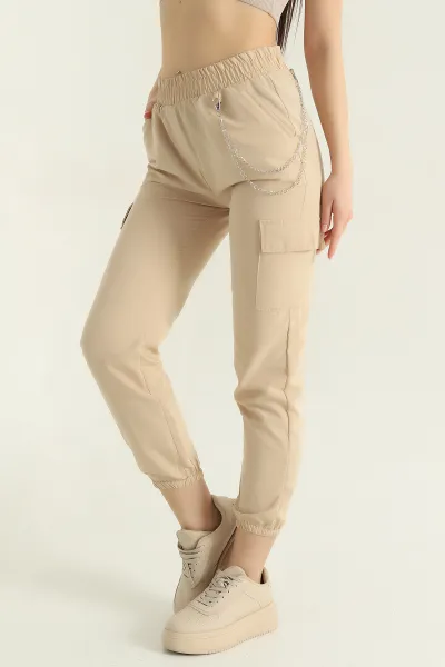 Bej Zincirli Kargo Cep Kadın Jogger Pantolon 356941