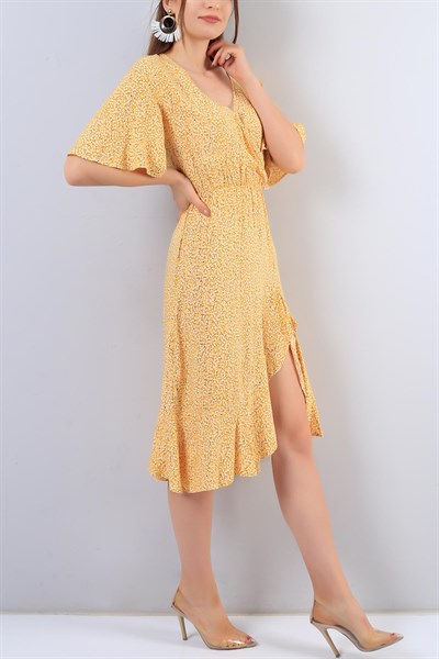 Bel Lastikli Sarı Desenli Elbise 16549B