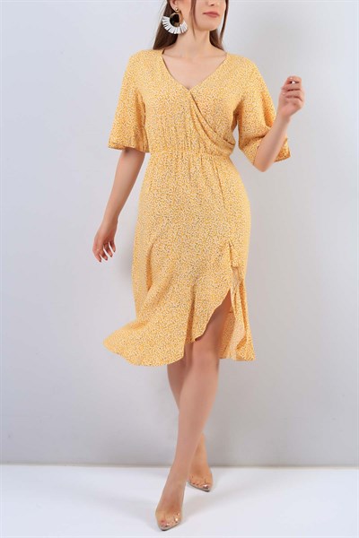 Bel Lastikli Sarı Desenli Elbise 16549B