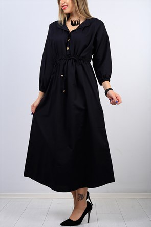 Belden Sıkmalı Siyah Bayan Pat Düğmeli Elbise9724B