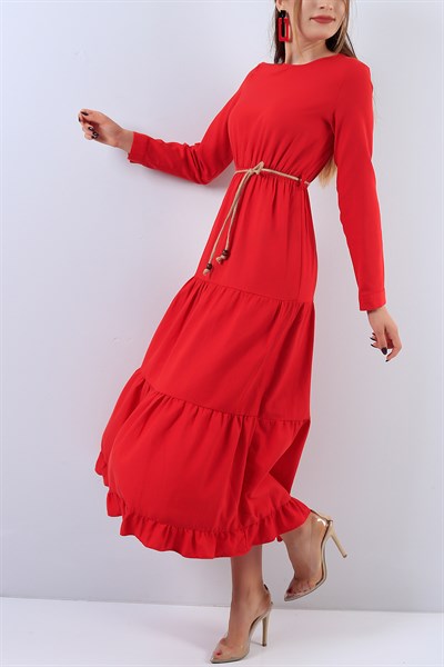 Beli Lastikli Kırmızı Elbise 17302B