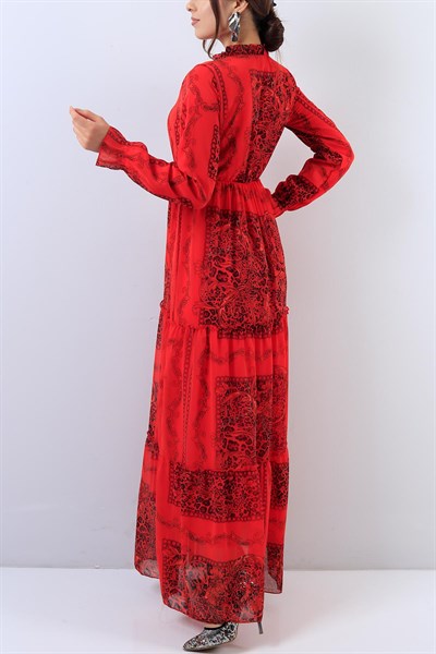 Beli Lastikli Kırmızı Elbise 17963B